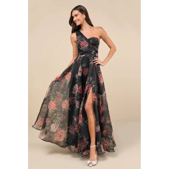 Lulus Dresses & Skirts - Lulus Truly Extraordinary‎ Black Floral Organza One-Shoulder Maxi Dress Large